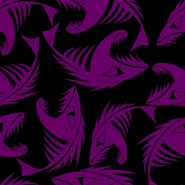 bright seamless pattern of purple graphic fish skeletons on a black background, texture, design
