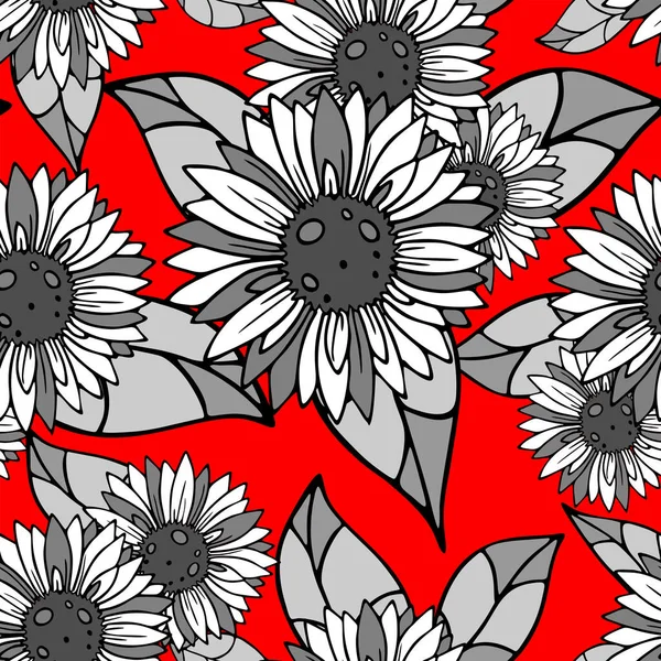 Яркий Бесшовный Узор Больших Черно Белых Соцветий Красном Фоне Текстура — стоковый вектор