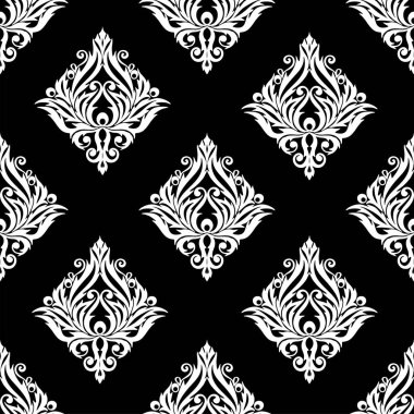seamless graphic pattern, floral white ornament tile on black background, texture, design