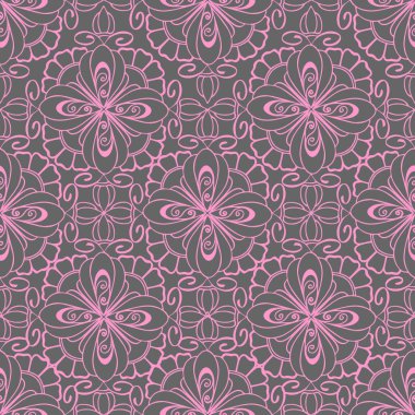 eamless graphic pattern, floral pink ornament tile on gray background, texture, design