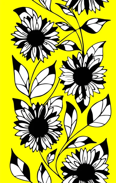 Seamless Floral Frame Black White Sunflowers Yellow Background Bright Floral — Stock vektor