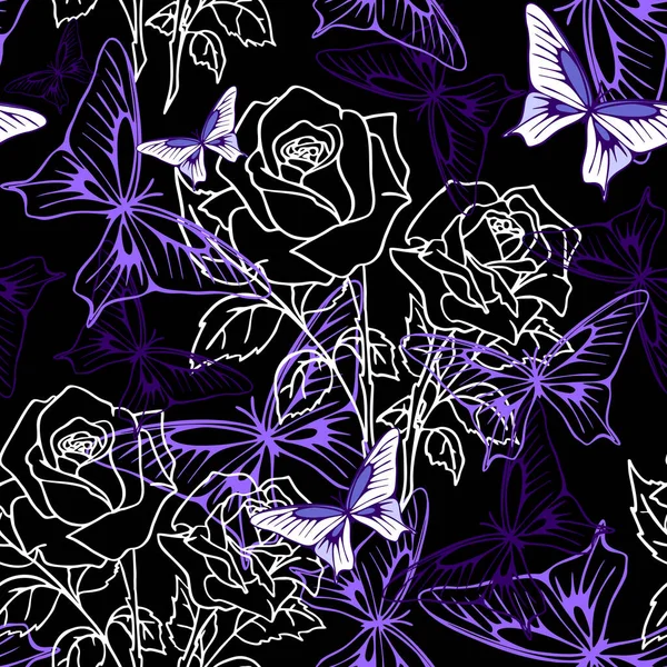Seamless Pattern White Graphic Roses Purple Butterflies Black Background Text — Vetor de Stock