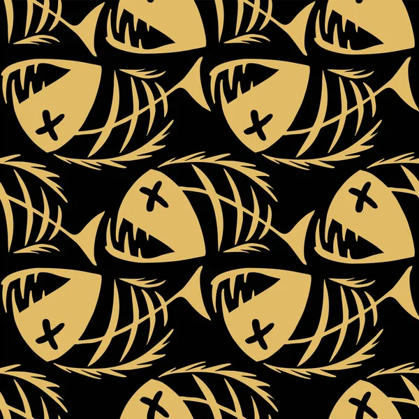 Bright Seamless Pattern Golden Graphic Fish Skeletons Black Background Texture — Wektor stockowy