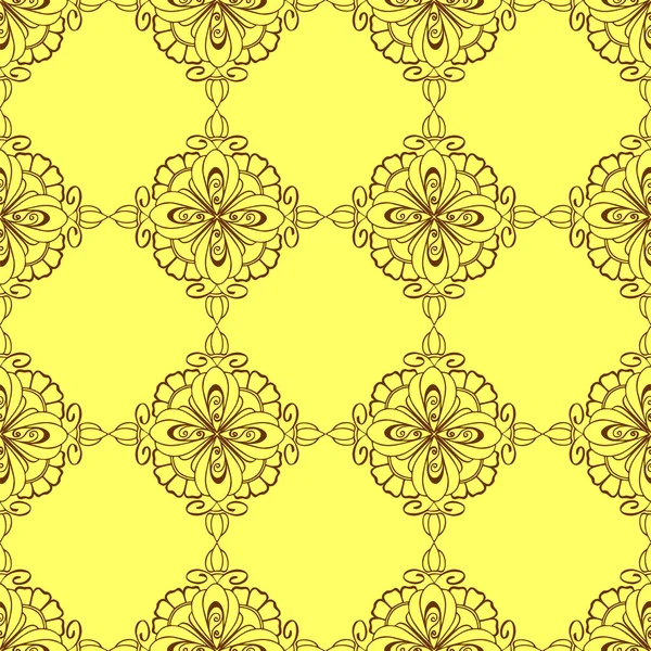 seamless graphic pattern, floral brown tile ornament on yellow background, texture, design