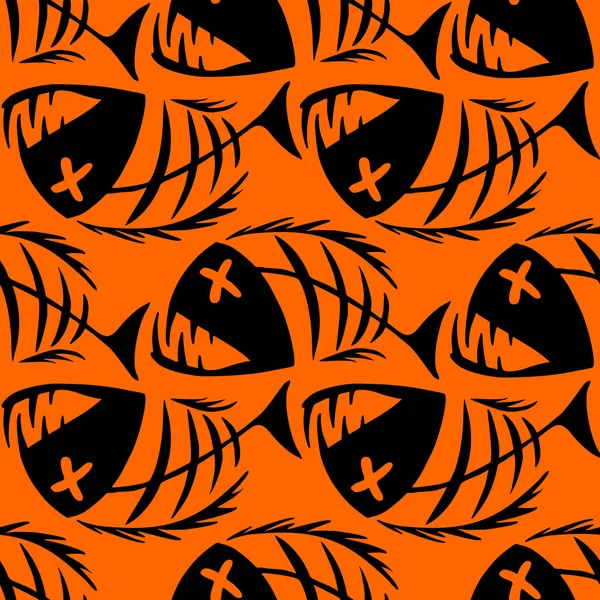 Bright Seamless Pattern Black Graphic Fish Skeletons Orange Background Texture — Zdjęcie stockowe