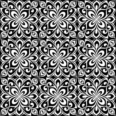 seamless graphic pattern, floral white ornament tile on black background, texture, design
