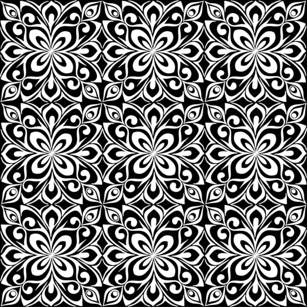 seamless graphic pattern, floral white ornament tile on black background, texture, design