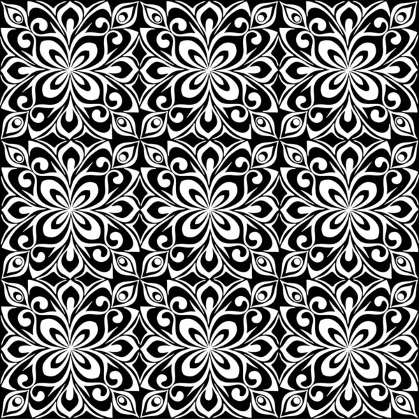 Seamless Graphic Pattern Floral White Ornament Tile Black Background Texture — Stockvector