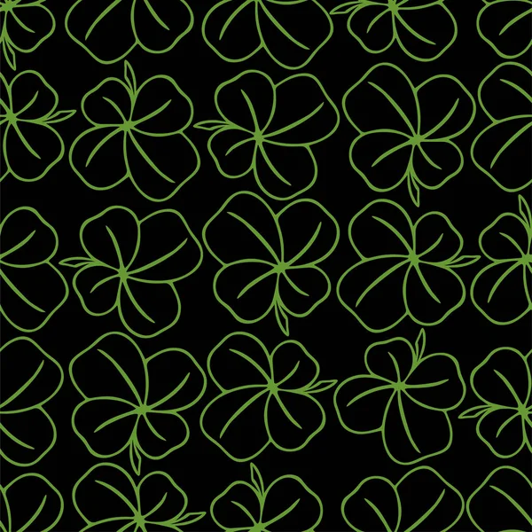 Бесшовный Симметричный Узор Зеленого Четырехслойного Клевера Черном Фоне Текстура Дизайн — стоковый вектор