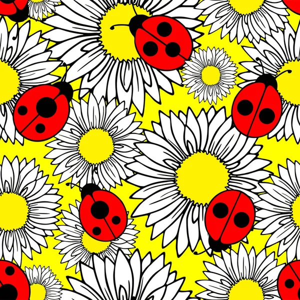 Seamless Pattern Graphic Flowers Daisies Ladybugs Yellow Background Text Design — Stockvektor