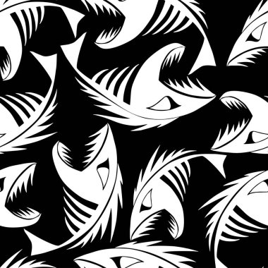 bright seamless pattern of white graphic fish skeletons on a black background, texture, design