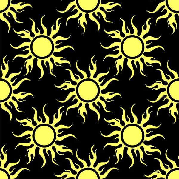Бесшовный Симметричный Графический Узор Желтых Солнц Черном Фоне Текстура Дизайн — стоковый вектор