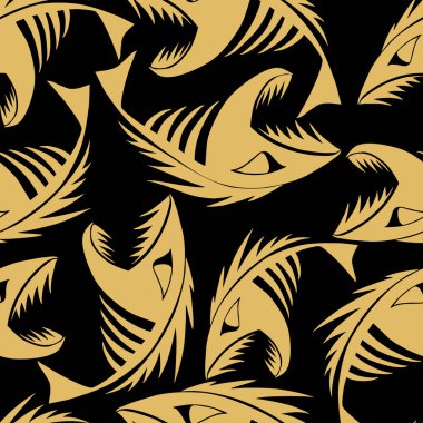 bright seamless pattern of golden graphic fish skeletons on a black background, texture, design
