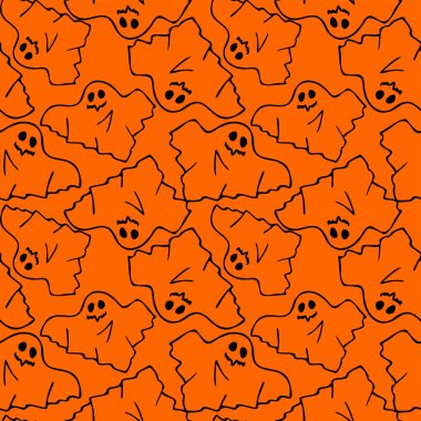 Turuncu arka plan, doku, tasarım üzerinde uçan siyah hayaletlerin kusursuz çizgileri.