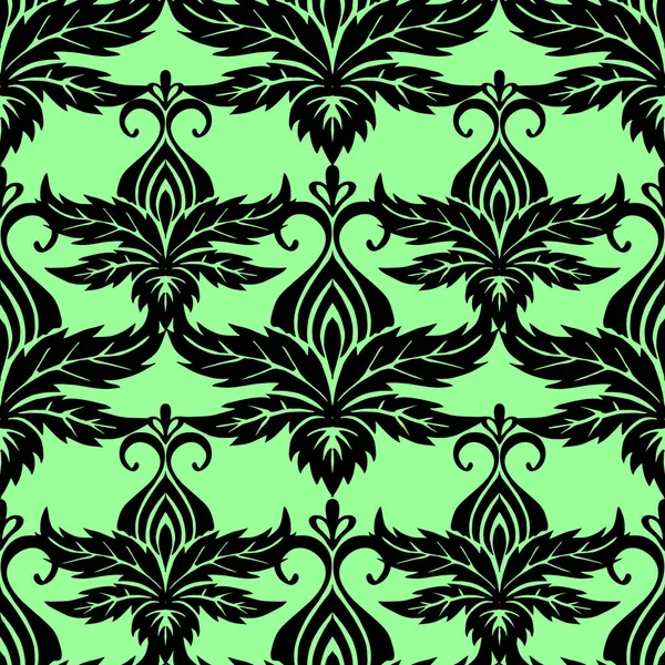 Symmetrische Nahtlose Ornamentfliese Aus Schwarzen Grafischen Abstrakten Elementen Auf Grünem — Stockvektor