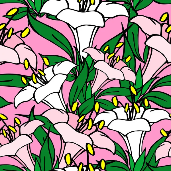 Бесшовный Симметричный Графический Узор Белых Розовых Цветов Розовом Фоне Текстура — стоковый вектор