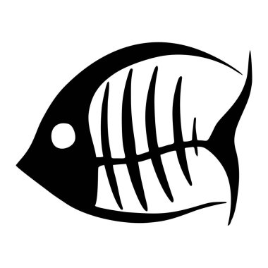 black graphic image of a fish skeleton on a white background, illustration, design