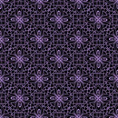 Kusursuz grafik desen, siyah arkaplan, doku, tasarım üzerine çiçekli leylak süslemesi.