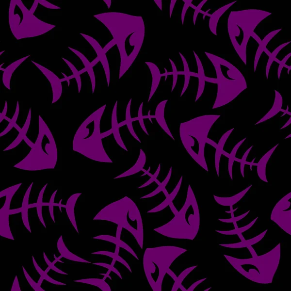Bright Seamless Pattern Purple Graphic Fish Skeletons Black Background Texture — Wektor stockowy
