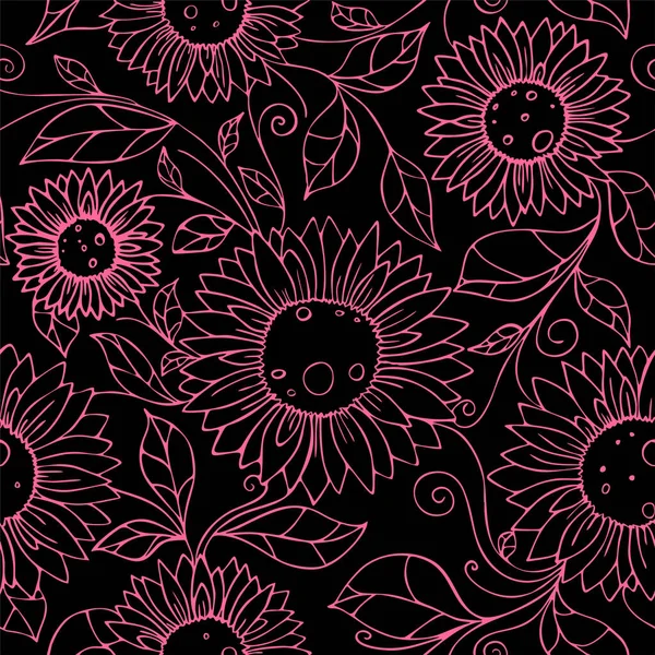 Symmetrical Seamless Pattern Pink Flowers Black Background Texture Design — Stock Vector