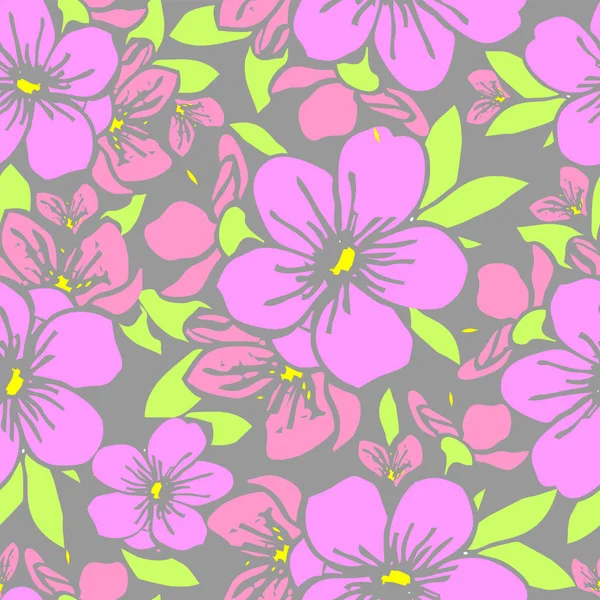 灰色背景 图案上对称的粉红色花朵无缝图案 — 图库矢量图片