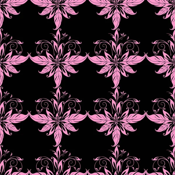 Seamless Graphic Pattern Floral Pink Ornament Tile Black Background Texture — Wektor stockowy