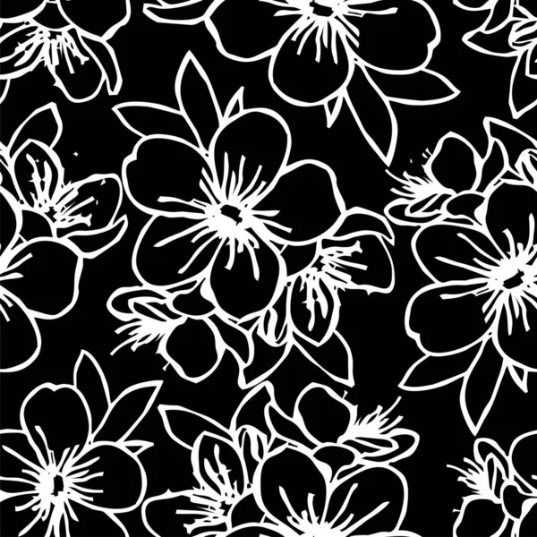 Seamless Contour Pattern Large White Graphic Flowers Black Background Texture — Stock Vector