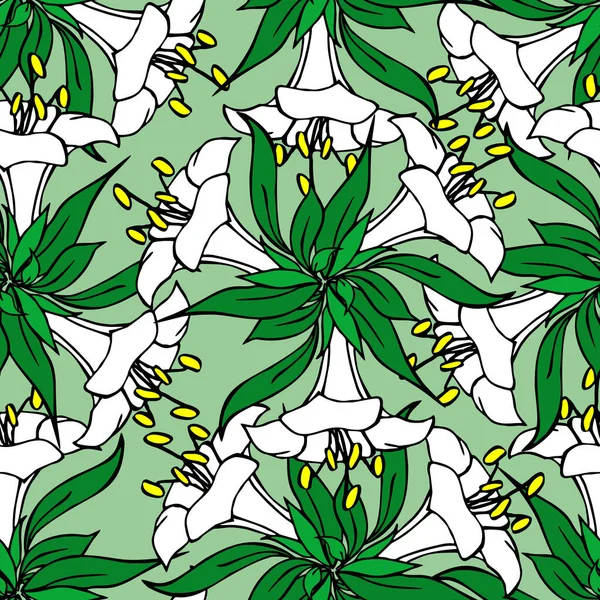 Симметричный Бесшовный Узор Белых Цветов Зеленом Фоне Текстура Дизайн — стоковый вектор