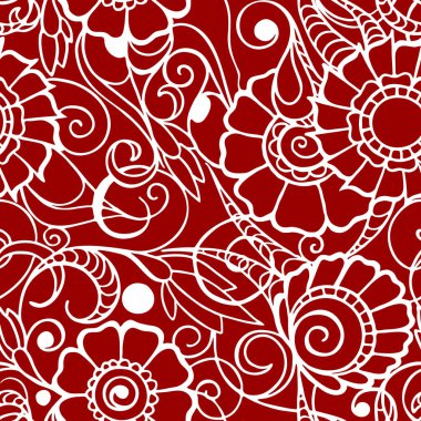 Kırmızı arkaplan, doku, tasarım üzerinde büyük beyaz grafik çiçeklerin kusursuz kontur deseni