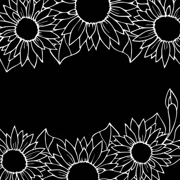 Floraler Grafischer Rand Weißes Muster Auf Schwarzem Hintergrund Grußkarte Design — Stockvektor