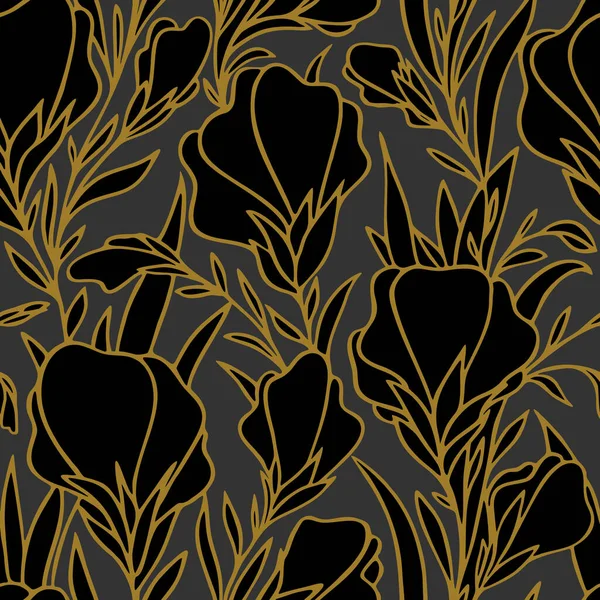 Nahtloses Muster Großer Schwarzer Blüten Mit Goldenem Umriss Auf Dunkelgrauem — Stockvektor