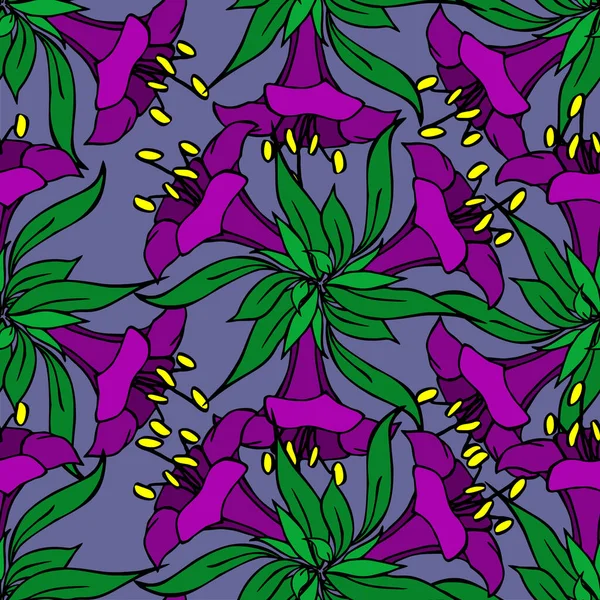 Бесшовный Узор Фиолетовых Больших Экзотических Цветов Черным Контуром Синем Фоне — стоковый вектор