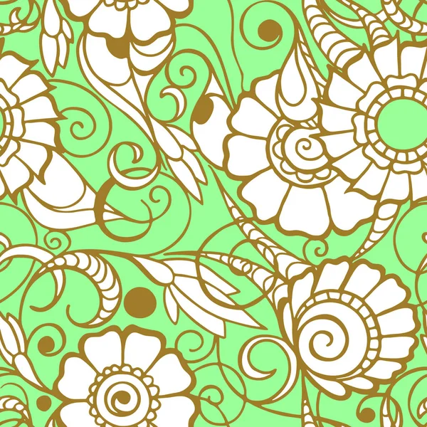 Бесшовный Узор Крупных Белых Цветков Золотым Контуром Зеленом Фоне Текстура — стоковый вектор