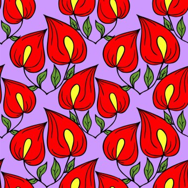 Eflatun bir arka plan, doku, tasarım üzerinde siyah çizgili, büyük, kırmızı, egzotik çiçeklerin kusursuz deseni.