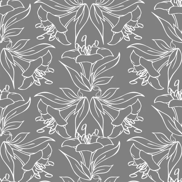 灰色の背景 デザイン上の大きな白いグラフィック花のシームレスな輪郭パターン — ストックベクタ