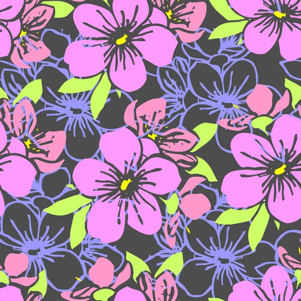 ピンクのシルエットのシームレスなパターンと灰色の背景 デザイン上の花の青い輪郭 — ストックベクタ