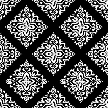 seamless graphic pattern, floral white ornament tile on black background, texture, design