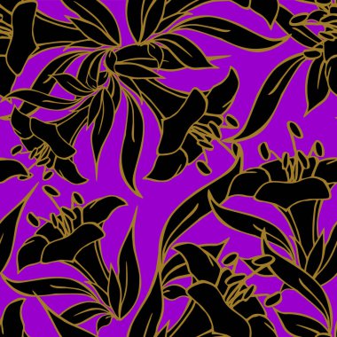 Mor arkaplan, doku ve tasarım üzerinde altın çizgili büyük siyah çiçeklerin kusursuz deseni.