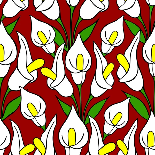 Симметричный Бесшовный Узор Белых Цветов Красном Фоне Текстура Дизайн — стоковый вектор