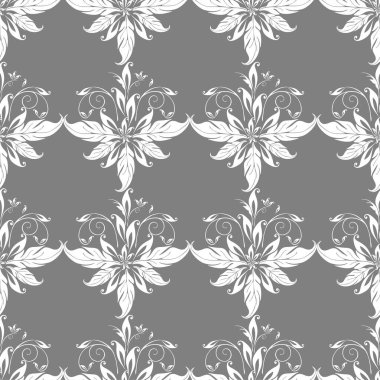 seamless graphic pattern, floral white ornament tile on gray background, texture, design