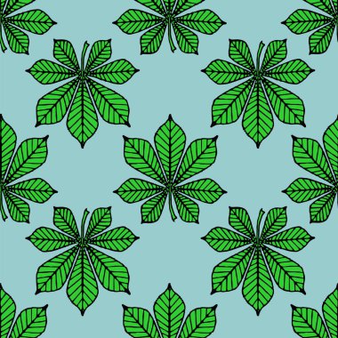 Mavi arkaplan, doku, tasarım üzerinde yeşil grafik kestane yapraklarının kusursuz simetrik deseni