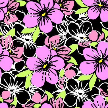 Pembe siluetlerin kusursuz deseni ve siyah arka plan, doku, tasarım üzerinde beyaz çiçek hatları.