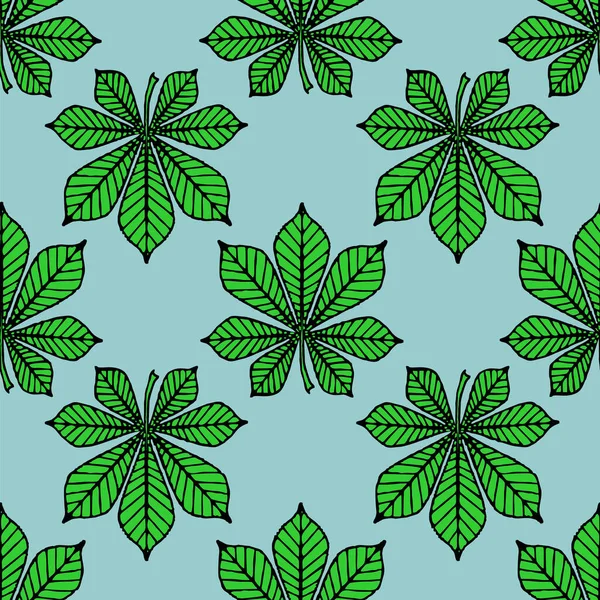 Nahtlose Symmetrische Muster Grüner Grafischer Kastanienblätter Auf Blauem Hintergrund Textur — Stockvektor
