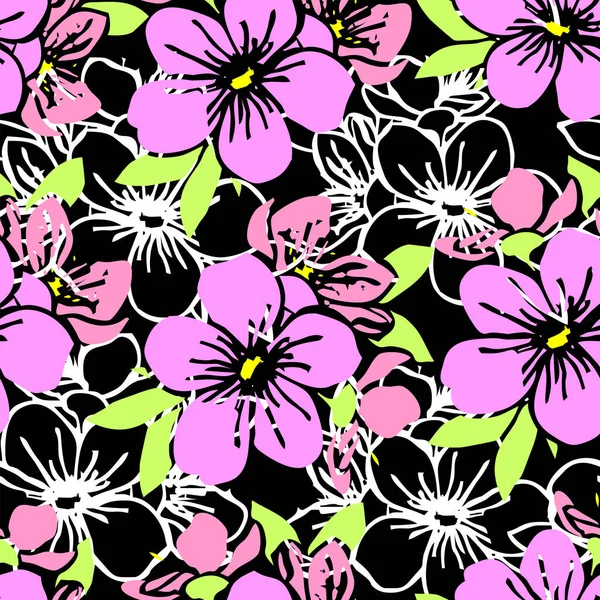 Seamless Pattern Pink Silhouettes White Contours Flowers Black Background Texture — Stock Vector