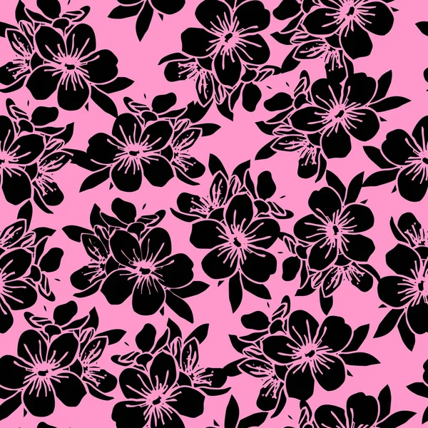 Seamless Floral Pattern Black Contour Flowers Pink Background Texture Repeat — Stock Vector