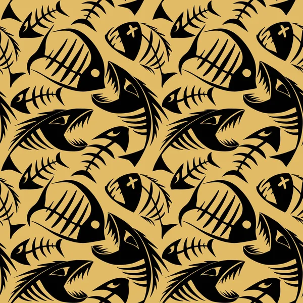 Helder Naadloos Patroon Van Zwarte Grafische Visskeletten Een Gouden Achtergrond — Stockvector