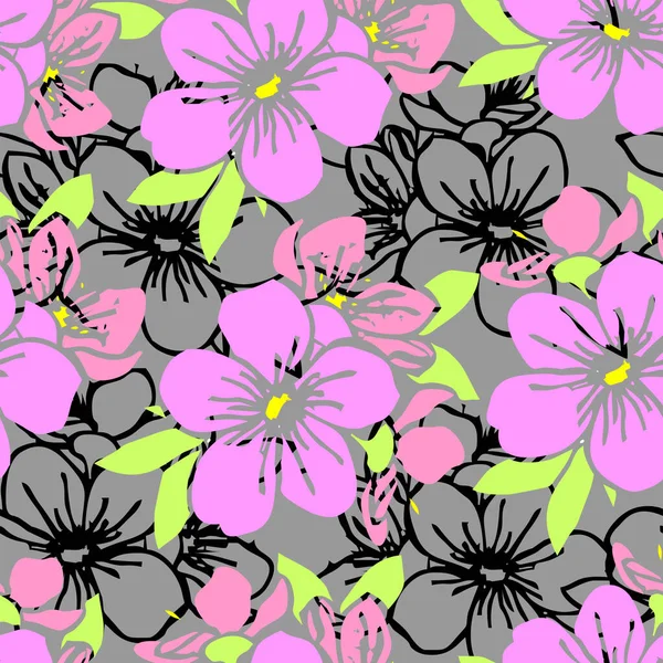 灰色背景 图案的粉红色和黑色花朵轮廓无缝图案 — 图库矢量图片