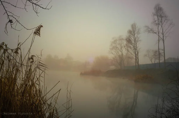 Ködös Napfelkelte Folyó Felett — Stock Fotó