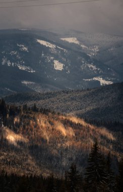 Kış, yüksek dağlarda kar beyazı zirveler. Yeri Carpathian, Vatra Dornei, Bucovina, Suceava, Romanya, Avrupa. Günbatımı. Kış ormanı Misafir evi