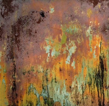 Eskimiş paslı metal doku arka planı. Grunge renkli paslı turuncu, yeşil, mavi, kahverengi metal arka plan dokusu, pas ve oksitlenmiş metal zemin. Eski metal panel.